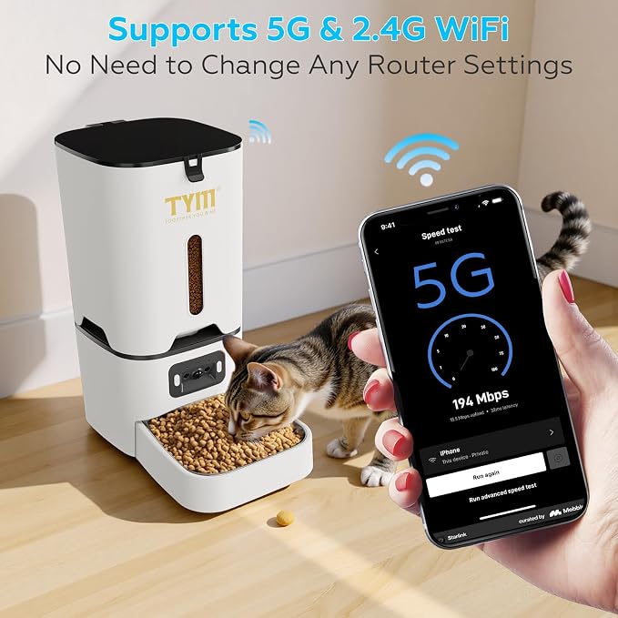 TYM Automatic Cat Feeder with Camera, 5G WiFi Food Dispenser for Small Pets | Two-way Voice | Night Vision | Separation Anxiety | Weight / Diet Control | Programmable Timer | APP Remote Control