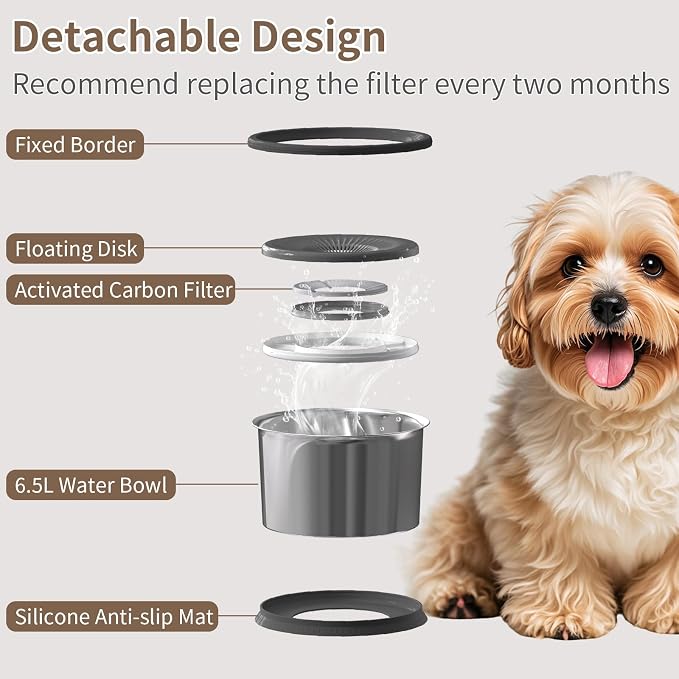 6.5L Dog Water Bowl No Spill 1.6 Gallon Stainless Steel Water Bowl with 4 Filters for Dogs 220oz Large Capacity No Splash Slow Drinking Feeder with Anti-Slip Mat for Messy Drinkers