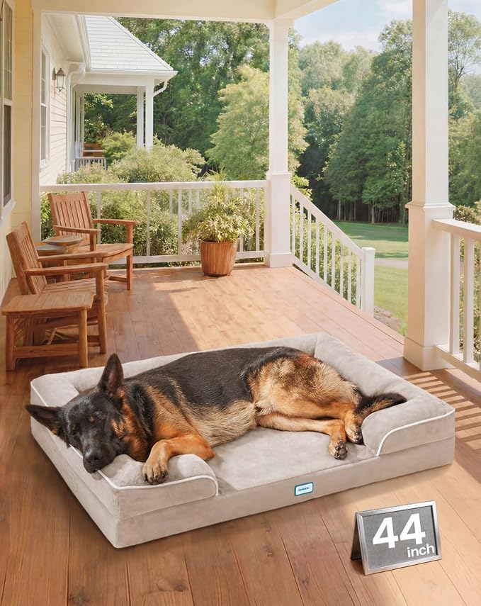 OhGeni Orthopedic Extra Large Dog Bed Couch, Memory Foam, 44-inch (Beige) | Waterproof Pet Bed with Machine-Washable Removable Cover & Soft Comfortable Fabric