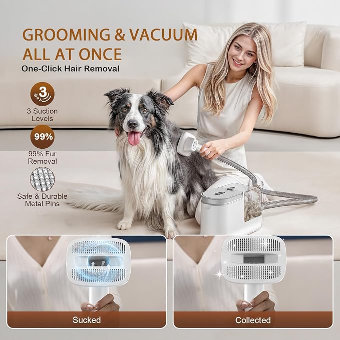 Dog Grooming Vacuum, Dog Grooming Kit, 3 Suction Modes Dog Brush Vacuum with 5 Pet Grooming Tools （Alabaster）