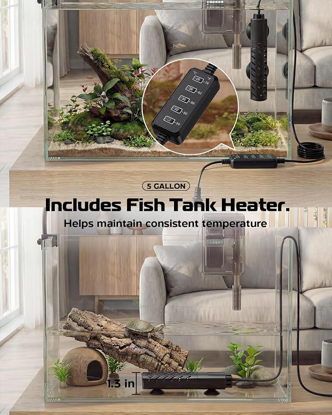 Glass Fish Tank Kit, 5 Gallon Betta Fish Tank Aquarium Starter Kit with Filter, Lights, Lid, for Betta, Goldfish, Small Fish or shrimg，Clear