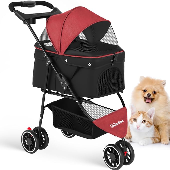 Pet Stroller,Dog Stroller for Small Medium Dogs Cats,3 Wheels,Red+Black | Foldable,with Breathable Mesh Canopy,Cup Holders,Easy Assembly