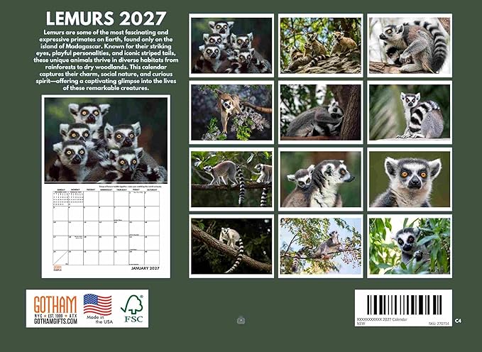 Lemur Calendar 2027 Monthly Wall Calender 12 Month