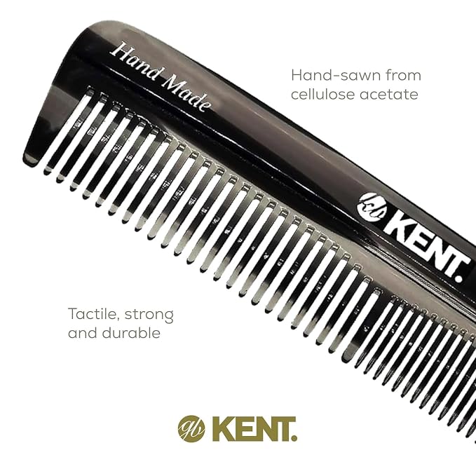Kent R7T Black Graphite Double Tooth Hair Pocket Comb, Small Fine/Wide Tooth Comb For Grooming Styling Hair, Beard and Mustache, for Men, Women and Kids. Saw Cut and Hand Polished. Handmade in England