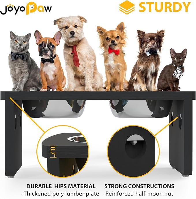 Elevated Dog Bowls, Waterproof Raised Dog Bowl for Medium Dogs, HIPS Poly Lumber Stand with 2 Stainless Steel Bowls, Indoor & Outdoor Use (7'' Tall-40 oz Bowl, Black)