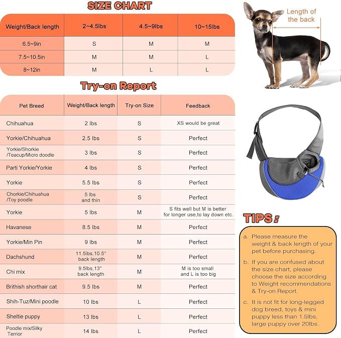 YUDODO Pet Sling Carrier for 5-9 lbs Small Dogs Cat Puppy Crossbody Carrier | Hands-Free, Safety Hook, Large Zipper Pocket, Soft Breathable Mesh, Adjustable Strap, Reflective Strip, Blue, M