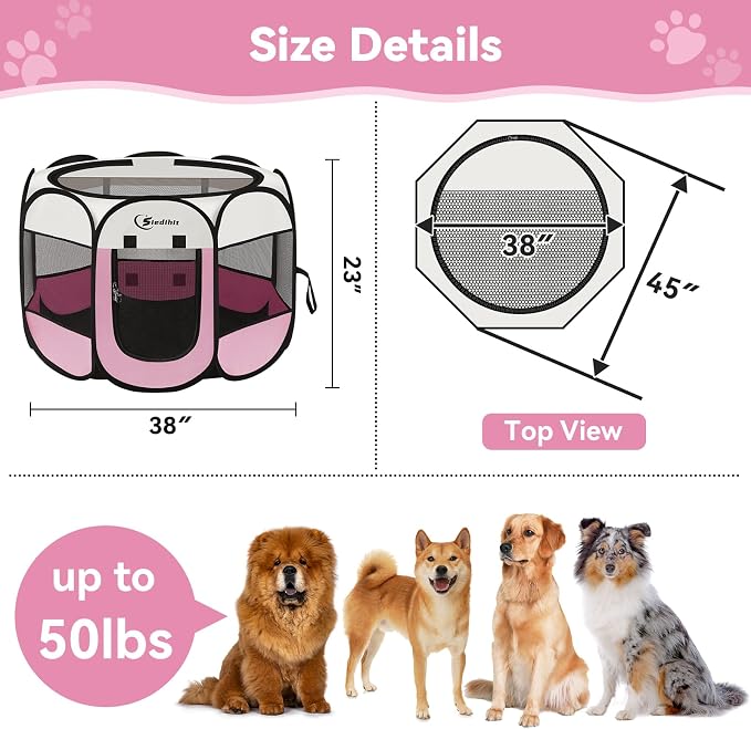 Sieidihit Dog Cat Pet Playpen Puppy Crate Cage Indoor Outdoor, Large Pink | Pet Nursing Enclosure Camping Rest Zone for Recovering Pets 600D waterproof polyester Oxford, Breathable double-layer mesh