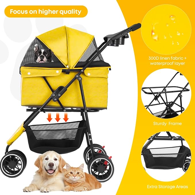 Pet Stroller,Dog Stroller for Small Medium Dogs Cats,3 Wheels,Yellow | Foldable,with Breathable Mesh Canopy,Cup Holders,Easy Assembly