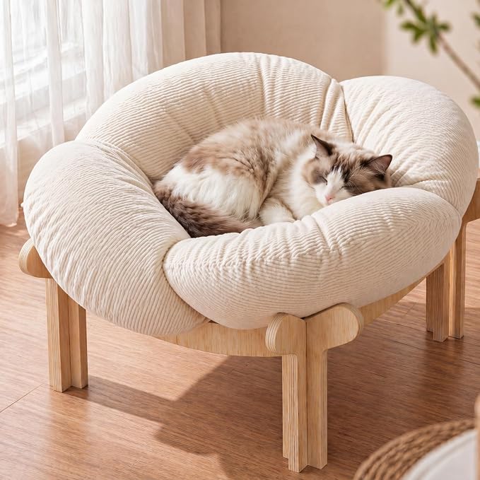 22x22x13 Inch Elevated Flower Cat Bed Wooden with Fluffy Cushion, Pet Couch Sofa for Indoor Cats, Raised Kitty Lounge Chair Suitable for Puppy, Cat Furniture Living Room Bedroom