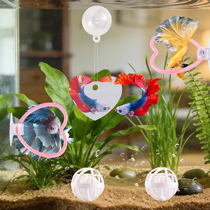 Betta Fish Toys, 2 PCS Heart Fish Exercise Ring and Nitrifying Balls Set, Heart Betta Mirror Toy Set, Feeding Ring with Suction Cup, Fishing Tank Accessories for Gifts (Pink)