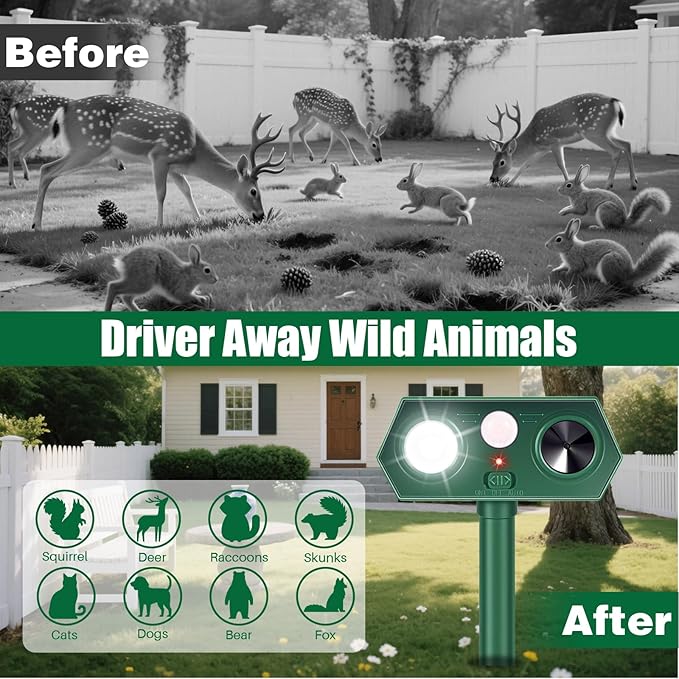 4Pack Solar Ultrasonic Animal Repellent Outdoor,Upgraded Deer Repellent Devices Motion Detection with Motion Sensor for Yard,Cat Repellent with Red&Blue LED Flash Lights to Scare Rabbit Raccoon Bear