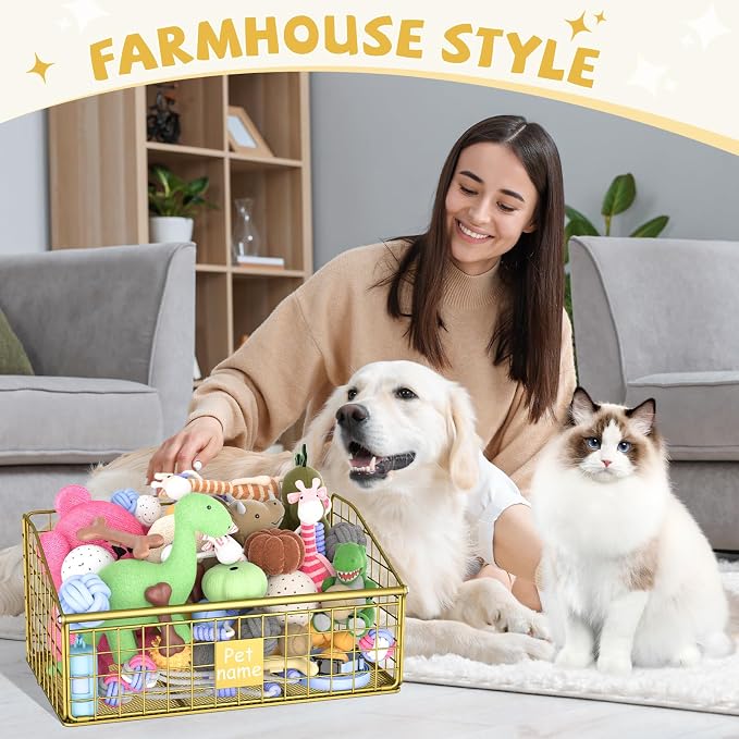 Kaiferty Indestructible Dog Toy basket, Medium Toy Box for Dogs,Pet Toy Bin Dog Metal Basket for Toys, Toy Storage Organizer, Toy Box for Living Room Area (Gold)