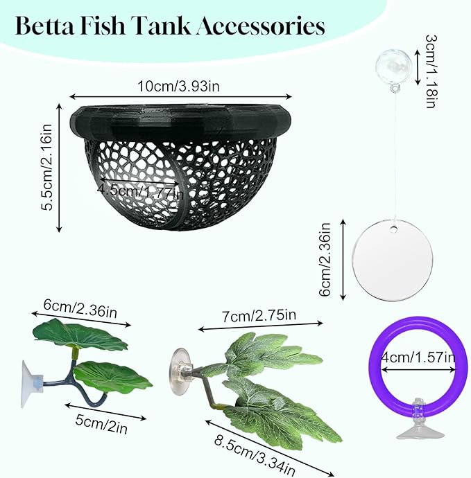 Floating Betta Hammock & Fish Toys Set,7Pcs Betta Fish Tank Accessories Mirror and Exercise Ring with Leaf Hammock Simulates Natural Habitat Comfortable Resting for Betta, Shrimp & Small Fish