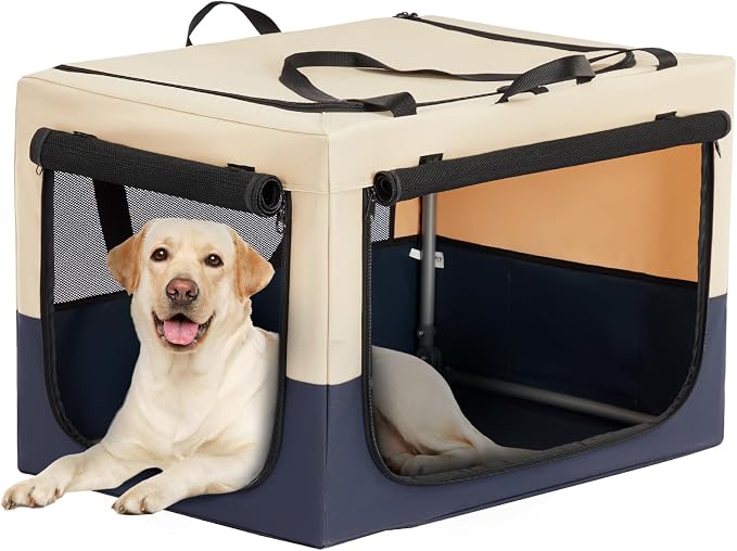 PETSFIT 36" Soft Portable Dog Crate – Patented Spiral Sturdy Frame, Collapsible Travel Kennel for Medium & Large Dogs, 3 Mesh Door, Lockable Zippers, Indoor & Car Use Navy Blue