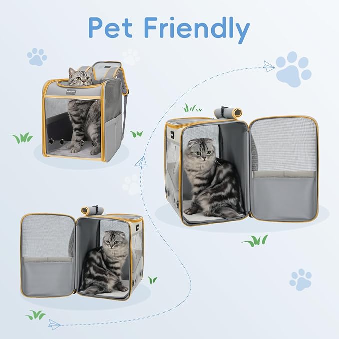 Cawypety Cat Backpack Carrier, Collapsible and Breathability Cat Carrier Large for Cat Under 16 lbs, Dog and Small Pet Carrier Bag Used in Travel, Car