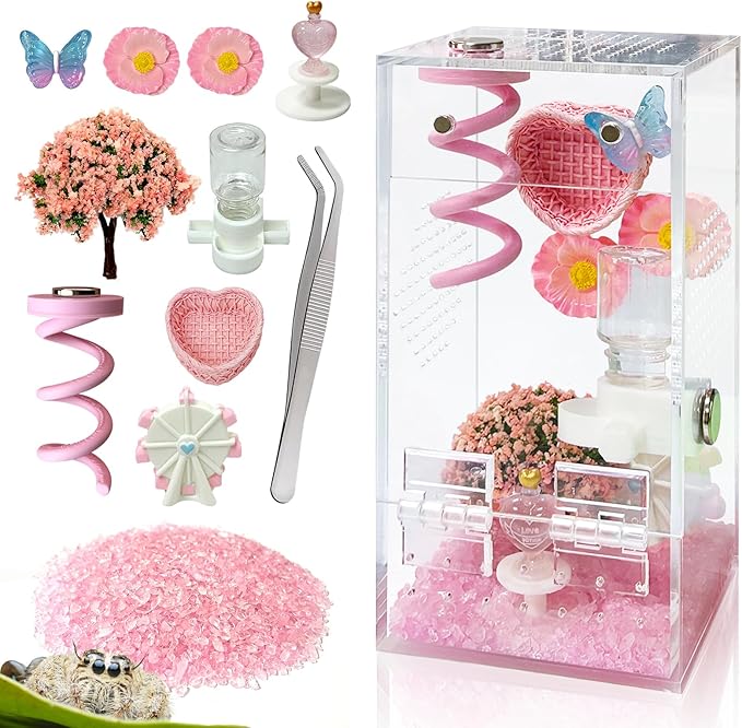 Jumping Spider Enclosure,DIY Insects Habitat,Small Reptile Terrarium Glass House Accessories Set,with Jumping Platform Hide Water Feeder (Pink B)