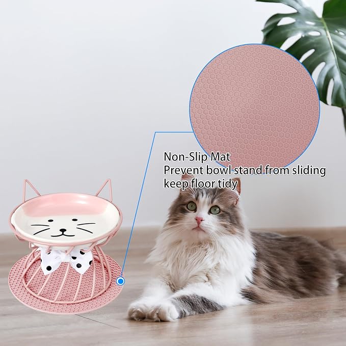 Set of 2 Elevated Ceramic Cat Dishes, Pink & Blue | Pink & Blue Set Detachable Bowls Elevated Design Whisker Friendly Non-Slip Pads