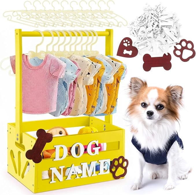 Teenyyou 20" x 13" x 9" Wooden Dog Closet Pet Wardrobe Crate Box with Hanging Rods and Personalized Alphabet Letters Easy Assembly Baskets for Dog Cat Toys Clothes Accessories(Yellow)
