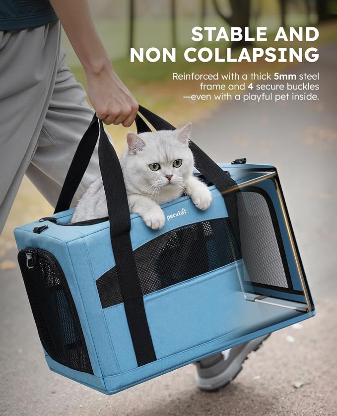 Pecute Cat Carrier Stable, Pet Carrier with Privacy Partition,Light Blue | Safe For Car Travel, Stable Steel Frame, Soft-Sided Pet Carrier Bag For Dogs And Cats Up To 11lbs, Foldable Design.