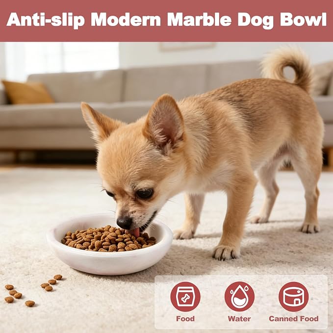 Natural Marble Cat Bowl, Weighted 1.5lb Cat Food Bowl for Cat and Small Dog, Small Animal Pet Food Dish Non-Slip, Shallow Cats Dish for Whisker Fatigue Relief, Premium Pink Stone for Home Decor