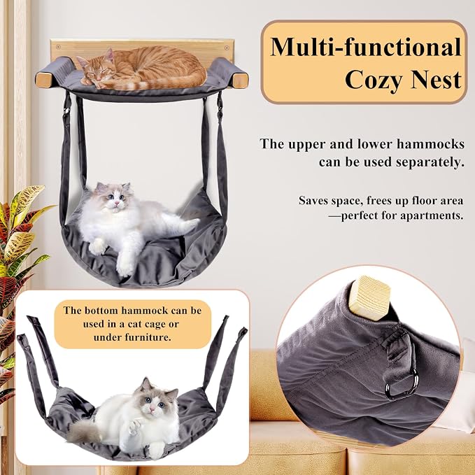 JSPYFITS Wooden Cat Furniture Wall Mounted, Double Layer Hammock, Large Size 18.9″ Removable Multi-Function Cat Bed for Sleep/Play/Climb, Kitten Window Perch, Easy DIY Installation(Grey)