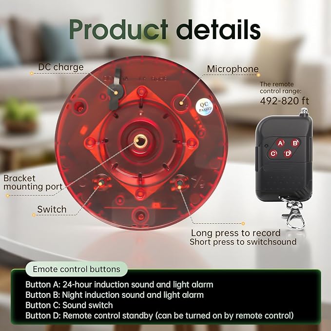 Solar Outdoor Motion Sensor Alarm, 130dB Dog Barking & Gunshot Sound, 13 Sounds, Strobe Light, Support Recording & Volume Control, Keeps Unwanted Animals Away from Yard, Garden, or Farm
