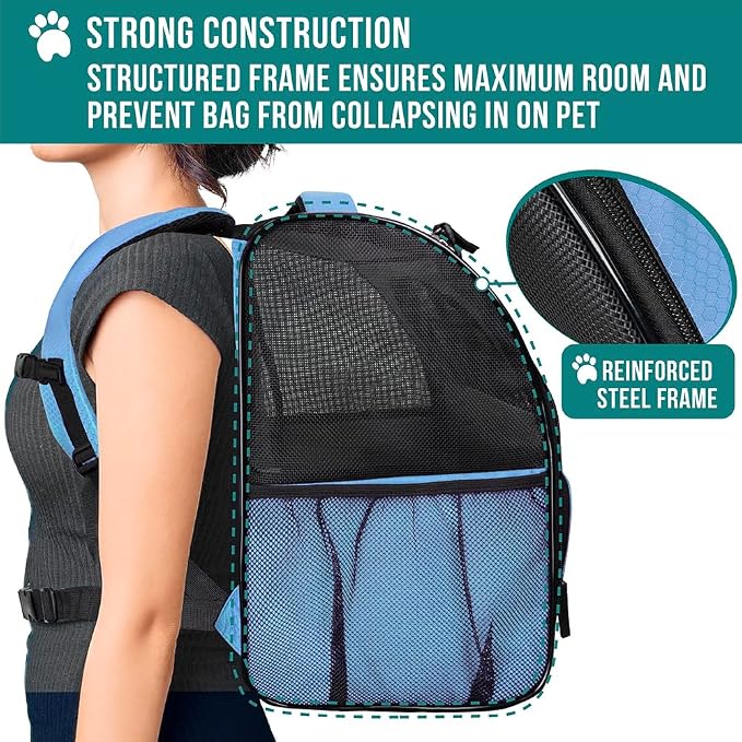 PetAmi Dog Backpack Carrier Airline Approved Cat Pet Puppy Bag, Light Blue | Ideal for Small Medium Large Pet up to 18 lb, 2 Side Entry Structured No-Collapse Frame, Ventilated Bookbag for Hiking Travel