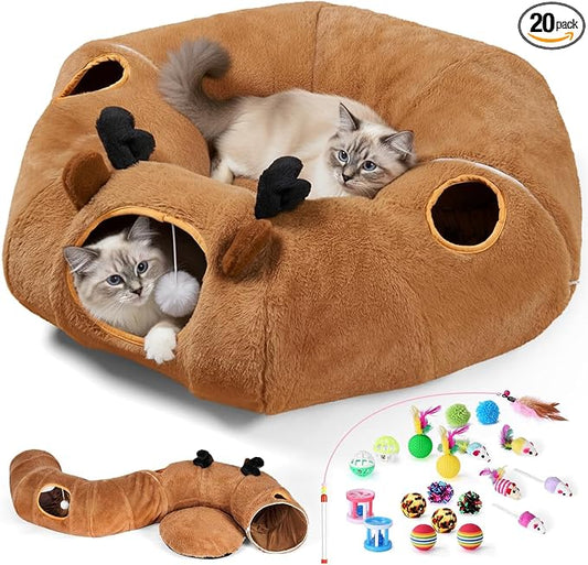 Cat Tunnel Bed with 20 Pcs Interactive Toys, 3-in-1 DIY Collapsible Plush Cat Tube with Washable Mat, Large Indoor Play Tunnel Cave for Kittens and Small Animals