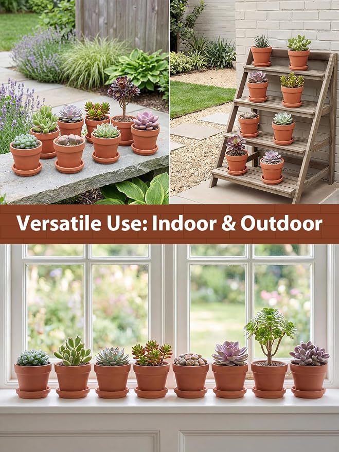 INGOFIN 4 Inch Terracotta Pots with Saucers, 8 Pack Shallow Clay Plant Pots with Drainage Holes for Succulents, Cactus, Herbs, Small Terra Cotta Pots for Indoor Outdoor, Set of 8
