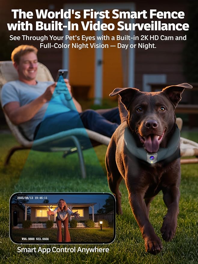 Wireless Dog Fence System, GPS Dog Fence Collar with 2K Camera, Live Video & Recording, Virtual Fence, GPS Tracker, Two-Way Audio, Waterproof, 5-Day Battery, for Medium & Large Dogs