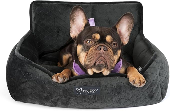 NANDOG Luxury Dog Car Seat Bed for Medium Dogs, Micro Plush Pet Seat with Removable & Washable Cushion Insert, Thick Safety Seatbelt Straps, Secure Travel Carrier, Charcoal Dark Grey, 22" L x 18" W