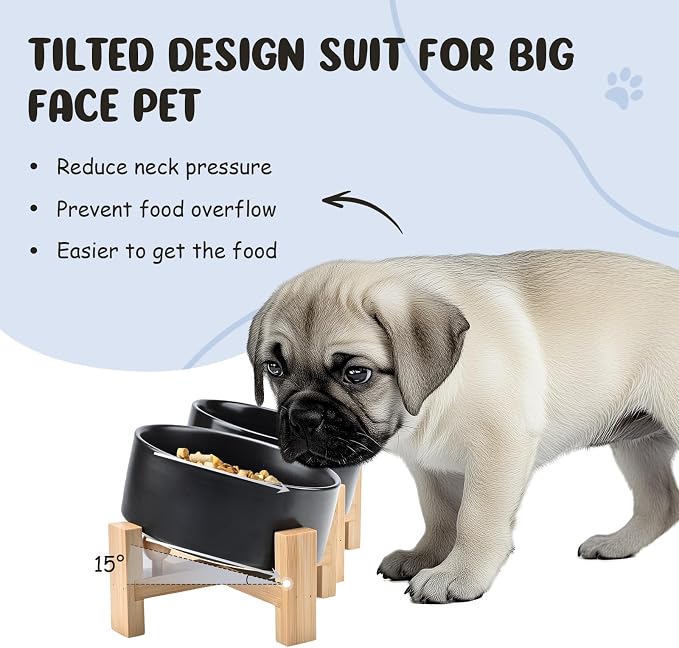SPUNKYJUNKY 15° Slanted Ceramic Dog and Cat Bowl with Wooden Stand, Tilted Bulldog Food and Water Bowl No Slip Non-Spill for Cats Medium Dogs Big Face Pets 28.7 OZ (3.6 Cups, Black × 2)