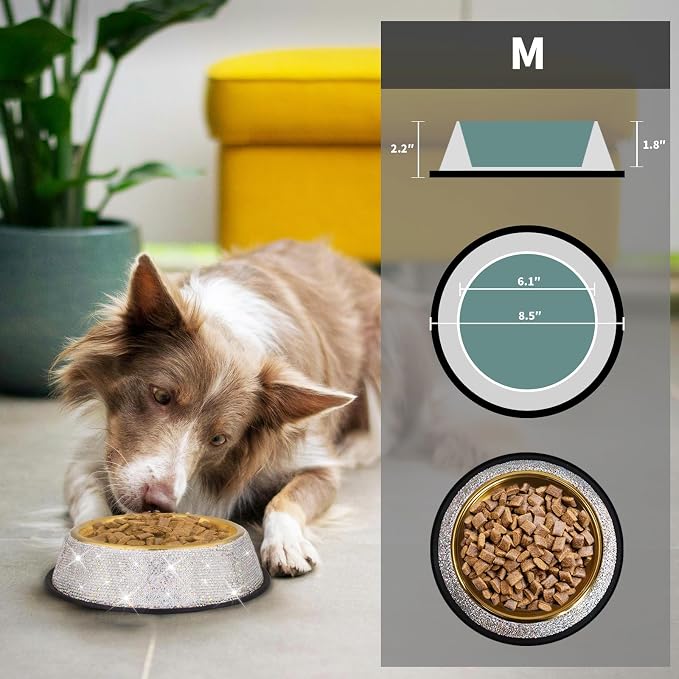 Sparkly Full Rhinestones Designed Gold Stainless Steel Pet Bowl - Stylish and Practical Diamond Food Water Dishes Bowls for Small Medium Large Dogs Cats Rabbits