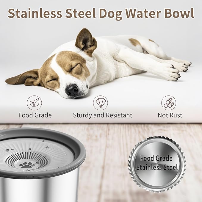 6.5L Dog Water Bowl No Spill 1.6 Gallon Stainless Steel Water Bowl with 4 Filters for Dogs 220oz Large Capacity No Splash Slow Drinking Feeder with Anti-Slip Mat for Messy Drinkers