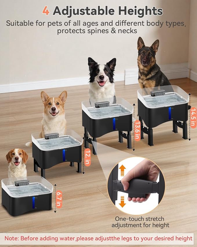 UPSKY 11L Elevated No-Spill Dog Water Fountain with 4 Adjustable Heights | Large Dog Water Dispenser, No-Splash, 304 Stainless Steel Tray, 5-Layer Filtration, for Large/Senior Dogs & Multi-pet Home