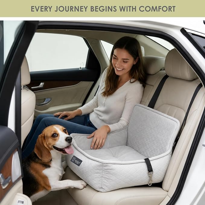 NANDOG Luxury Dog Car Seat Bed for Medium Dogs, Micro Plush Pet Seat with Removable & Washable Cushion Insert, Thick Safety Seatbelt Straps, Secure Travel Carrier, Light Grey, 22" L x 18" W