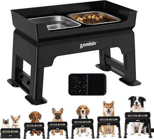 ZOMISIA Elevated Dog Bowls, 6 Height Adjustable Raised Dog Bowl Mess Proof | 3-in-1 Dog Bowl Stand, Double Deck Design, 2 Stainless Steel Bowls, Licking Plate, Feeding Station for Small Medium Large Pet