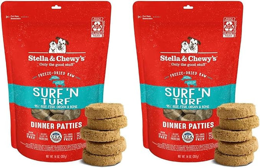 Stella & Chewy's Freeze-Dried Raw Dinner Patties - Surf 'N Turf Salmon & Beef Recipe - High Protein Grain-Free Puppy-& Dog Food - Perfect for Picky Eaters - 14 oz,(Pack of 2)