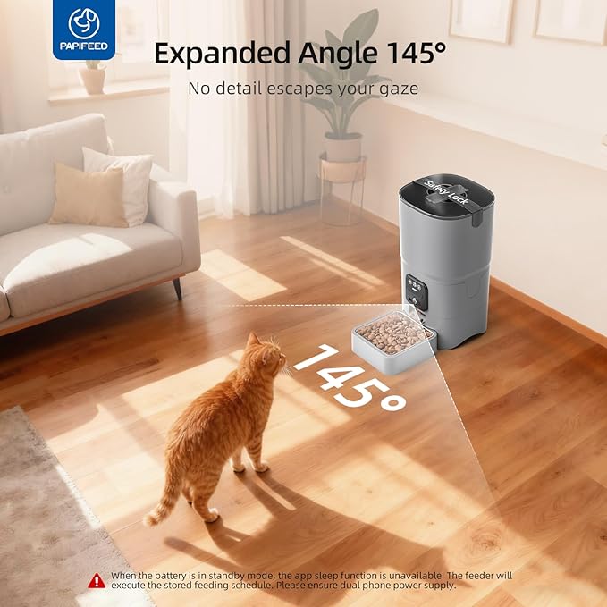 PAPIFEED Automatic Cat Feeder with Wide-Angle Camera, WiFi Pet Feeder with APP Control for Remote Feeding, Detachable for Easy Clean, Dual Power Supply,1-10 Meals Per Day for Multiple Pets(Gray)