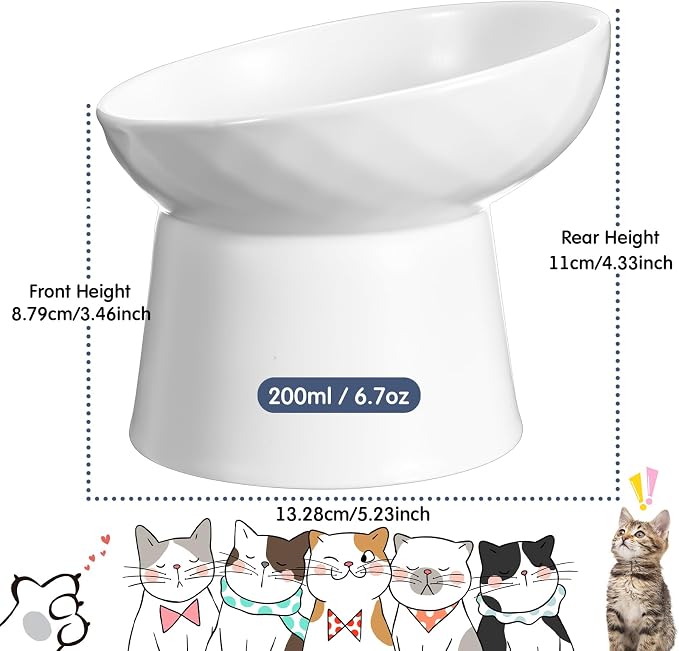 4 Pcs Ceramic Raised Cat Bowls, Elevated Tilted Cat Bowl for Food Water, Stress Free, Backflow Prevention, Dishwasher Microwave Safe, Feeder Dish for Indoor Kitten, Small Dogs(White)