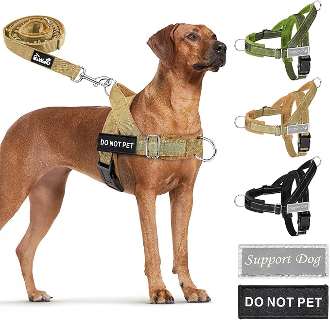 SlowTon No Pull Dog Harness with Front Clip - Heavy Duty, Soft Padded | Neck & Chest Adjustable, Tactical Pet Vest and Leash Set for Large Medium Sized Dogs, for Easy Walk & Training, Tan S