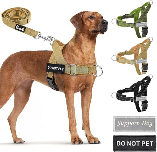 SlowTon No Pull Dog Harness with Front Clip - Heavy Duty, Soft Padded | Neck & Chest Adjustable, Tactical Pet Vest and Leash Set for Large Medium Sized Dogs, for Easy Walk & Training, Tan XL