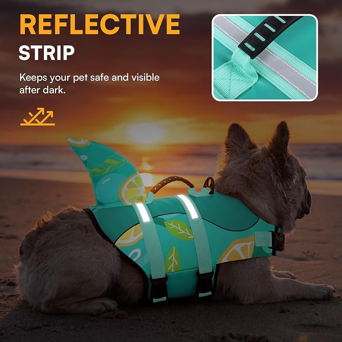Dog Life Jacket with Rescue Handle - Adjustable Reflective Dog Vest for Swimming, Medium Dog, Green Print M