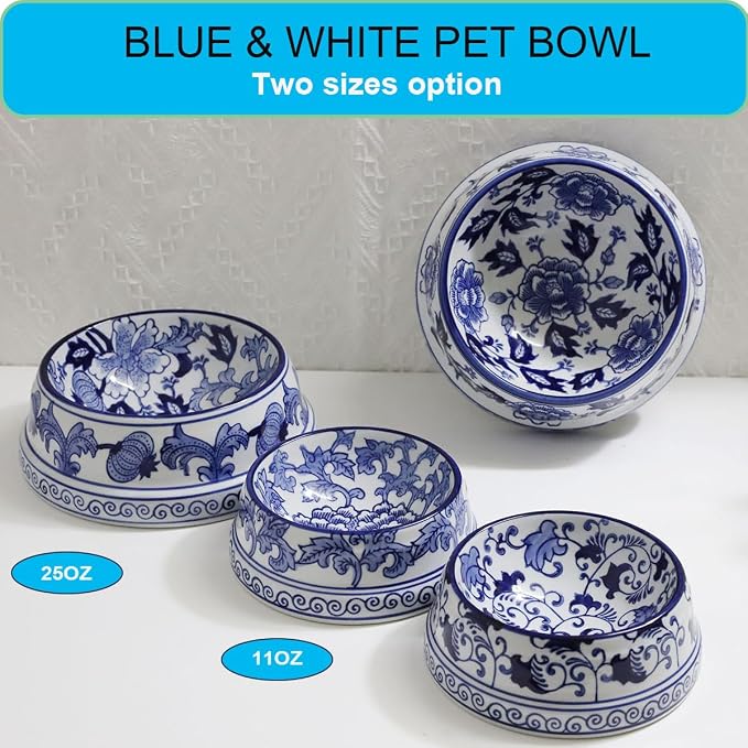 Aimusego Hand-Painted Ceramic Dog Bowl Blue/White Durable Dog Cat Food and Water Pet Dish 11OZ
