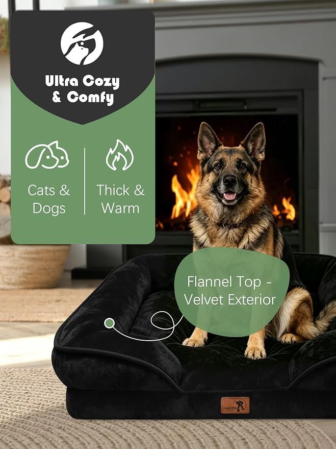 Spotted Play Orthopedic Dog Bed with Sides - Sofa Beds for Extra Large Dogs, Supportive Foam Pet Couch Bed with Washable Removable Cover, Waterproof Lining and Non-Slip Bottom, Black - XL