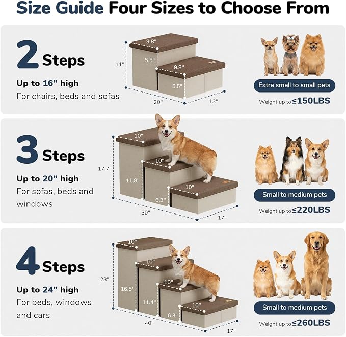 3-Step Wide Dog Stairs with Hidden Storage 18" H, Non-Slip Dog Steps for High Bed Couch Car, Jiont-Friendly Pet Stairs Ramp for Small/Medium/Large Old Dogs Cats Up to 220lbs, Beige&Coffee Lid