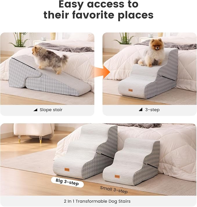 Gardner Pet Dog Stairs for Small Dogs 22.4" H, Large 2 in 1 Transformable 3-Step Pet Stairs and ramp, Dog Steps for High Bed (22-27") with Non-Slip Waterproof Cover CertiPUR-US Certified Foam,Checked