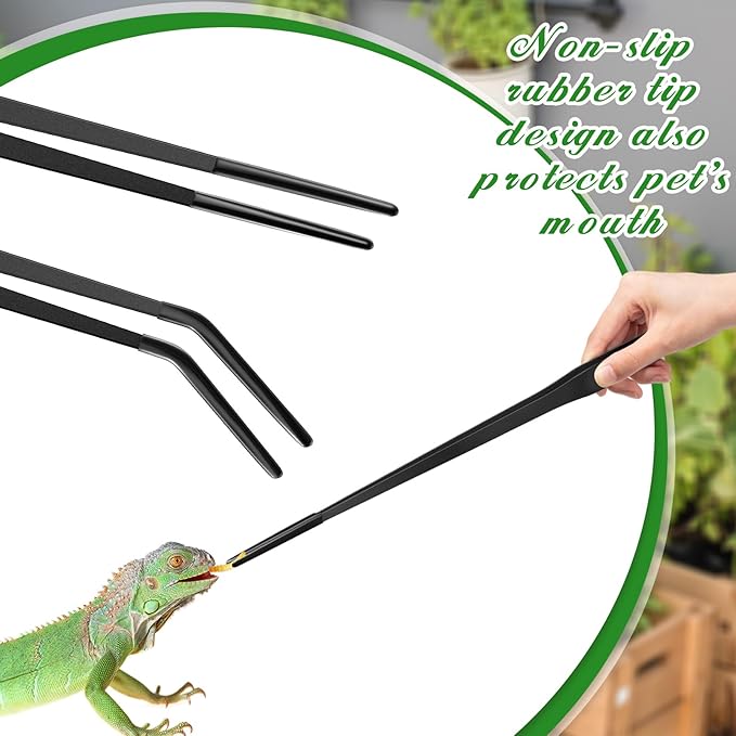 Lasnten 2 Pcs Extra Long Stainless Steel Reptile Feeding Tongs with Rubber Tip 18.5 Inch, 18.9 Inch Bearded Dragon Aquarium Straight and Curved Long Tweezer Terrarium Feeder Tool for Tank(Black)