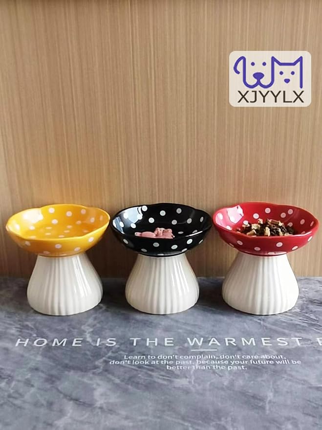 Mushroom Elevated Cat Bowls Ceramic, Cute Cat Bowls Whisker Fatigue | Raised Cat Bowl for Indoor Cats, Raised Dog Bowls Stand for Food and Water, Red 6" Wide for Adult Cats