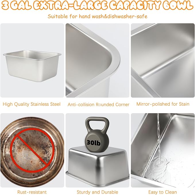 BWOGUE 3 Gal Elevated Dog Water Bowl, Stainless Steel Stand for Large Dogs | Raised Dog Water Bowl, 4 Adjustable Heights at 9/11/13/15 in, Non-Slip Base, Indoor/Outdoor Use, Joint Pressure Relief